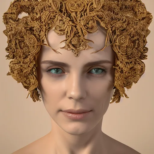 Image similar to beatifull face portrait of a woman, 150 mm, anatomical, flesh, flowers, mandelbrot fractal, facial muscles, veins, arteries, intricate, golden ratio, full frame, microscopic, elegant, highly detailed, ornate, ornament, sculpture, elegant , luxury, beautifully lit, ray trace, unreal, 3d, PBR, in the style of peter Gric , alex grey and Romero Ressendi