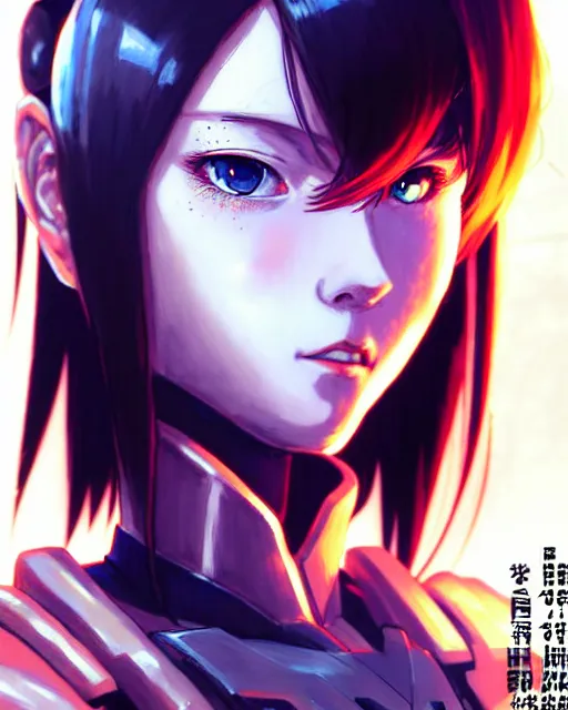 Image similar to portrait Anime Girl in mecha armor in night tokyo Sharp fine face pretty face, realistic shaded Perfect face, fine details. Anime. cyberpunk realistic shaded lighting by katsuhiro otomo ghost-in-the-shell, magali villeneuve, artgerm, rutkowski Jeremy Lipkin and Giuseppe Dangelico Pino and Michael Garmash and Rob Rey