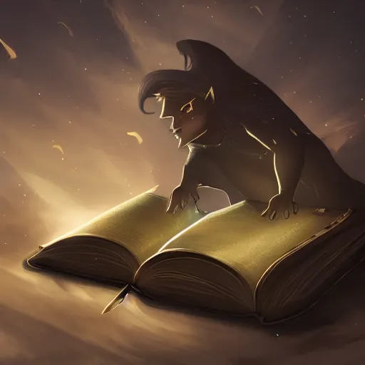 Image similar to light falling on a mythical book in dark background, dark color scheme, artstation