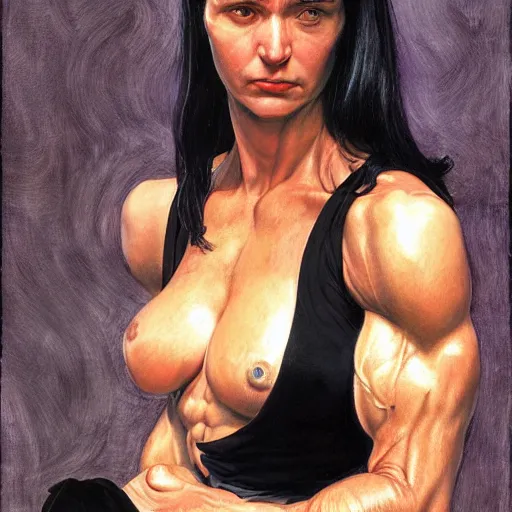 Image similar to woman with black hair, dressed all in black, showing the muscles of her arms, by donato giancola, alex ross, and berthold woltze.