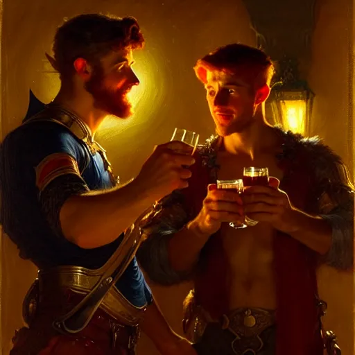 Prompt: hero male mike and hero male tyler, one is ginger and the other brunet, drinking their hearts out, in their noble mansion, at night. highly detailed painting by gaston bussiere, craig mullins, j. c. leyendecker 8 k