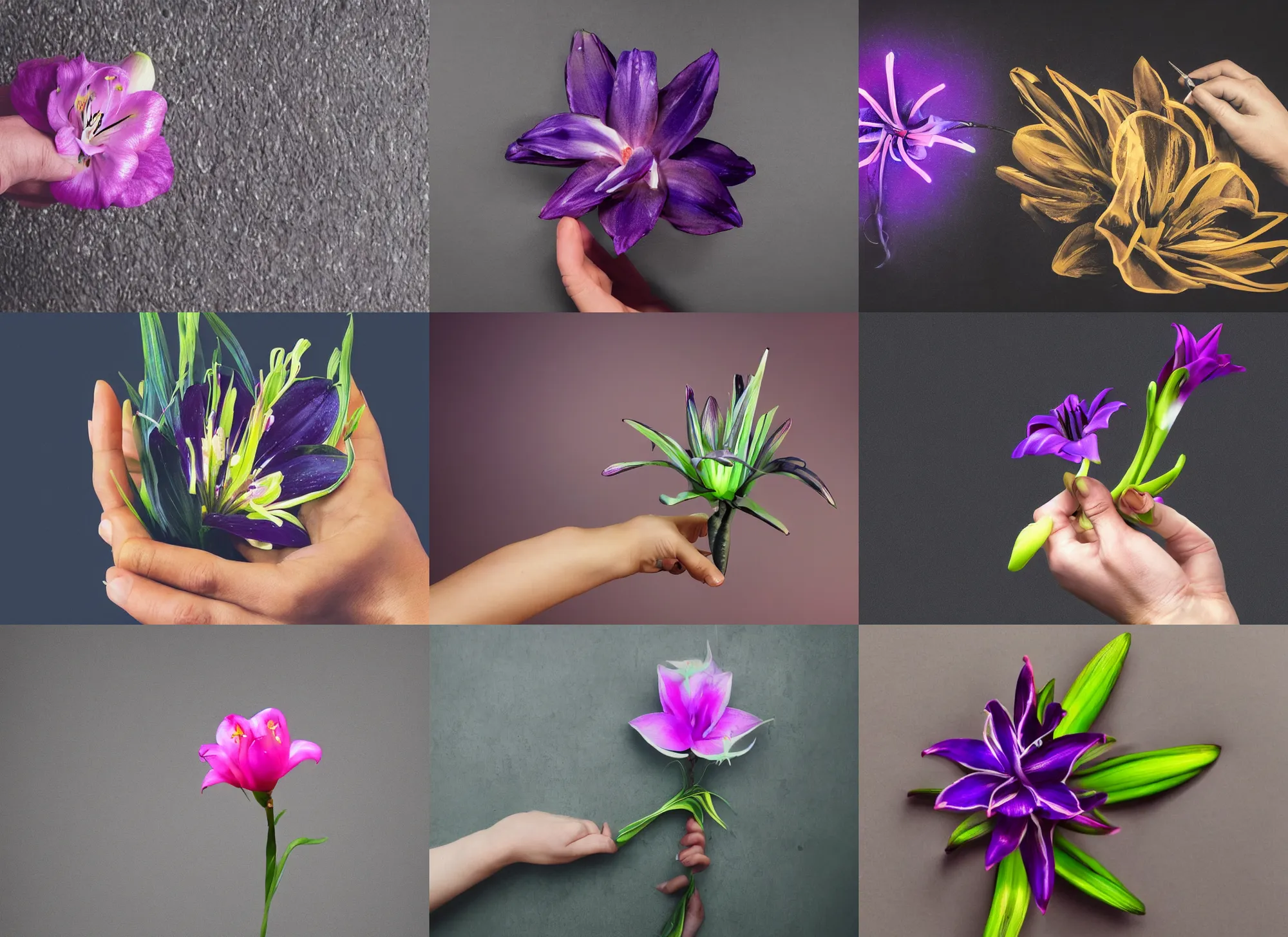 Prompt: neon lily flower holding in hand, studio photography, black purple studio background, studio lighting, night fill lighting, trending on ArtStation, no surroundings, high detail, ray tracing, 4K, 8K, highly detailed, HDR