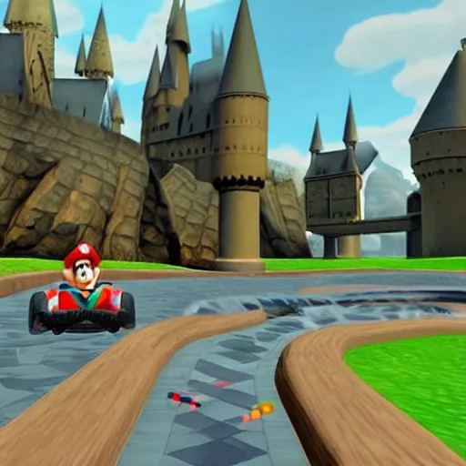 Image similar to Harry Potter in Mario Kart, gameplay screenshot,