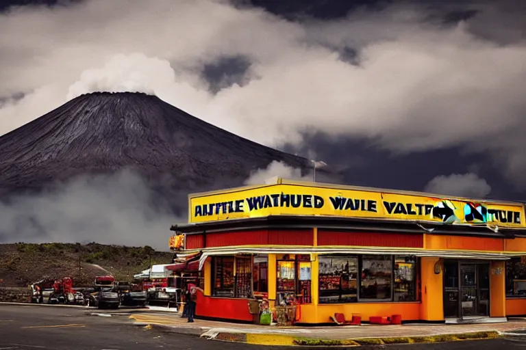 Prompt: waffle house located on an active volcano, highly detailed, hd, realism, photography