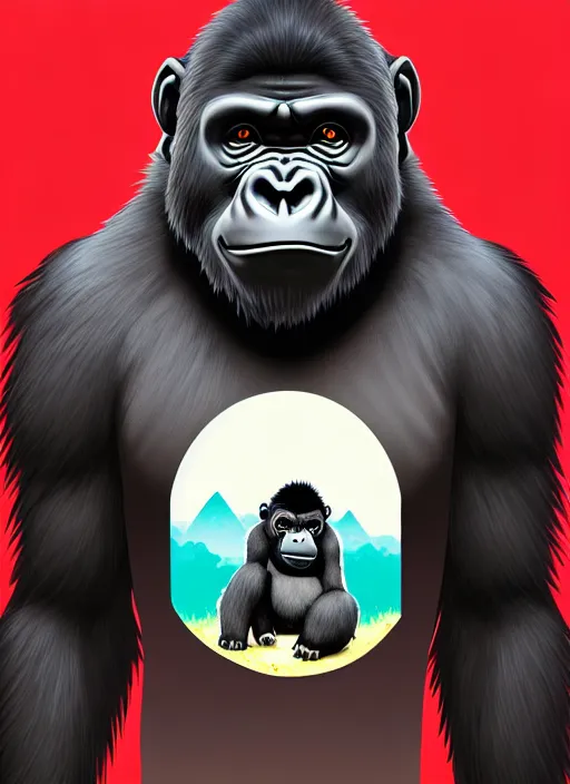 Image similar to portrait of anime style baby gorilla, sunny sky background, lush landscape, illustration concept art anime key visual trending pixiv fanbox by wlop and greg rutkowski and makoto shinkai and studio ghibli and kyoto animation, symmetrical facial features, black t shirt, red headphones,