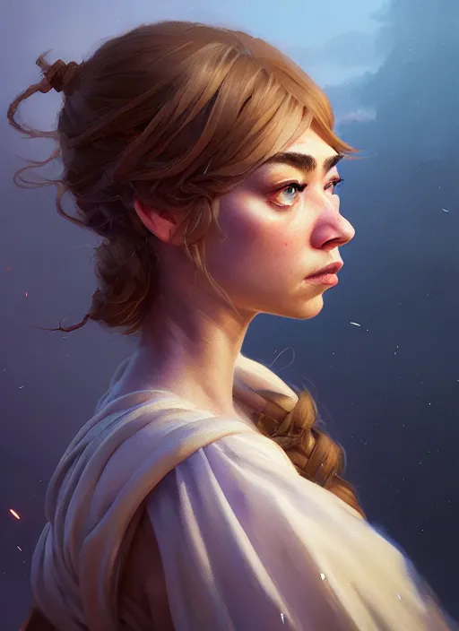 Image similar to side portrait, imogen poots, paladin, gloomhaven, organic painting, hard edges, luminescent, octane render, by greg manchess, huang guangjian, gil elvgren, sachin teng, greg rutkowski, jesper ejsing, rhads, ilya kuvshinov, cushart krenz