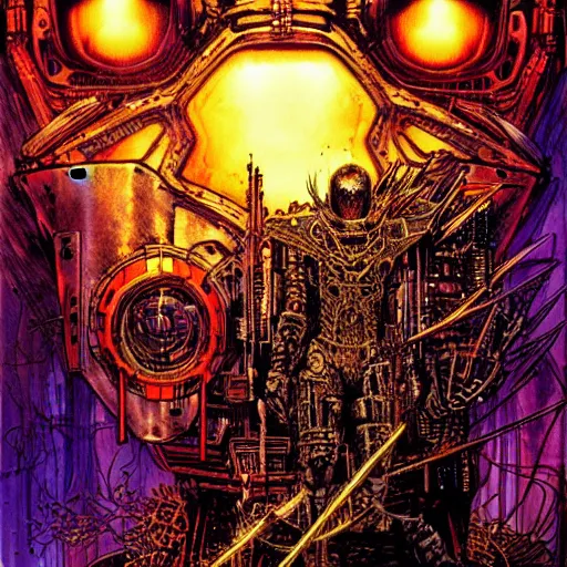 Image similar to cyberpunk knight, atmospheric lighting, painted, intricate, golden hour, ultra detailed by philippe druillet