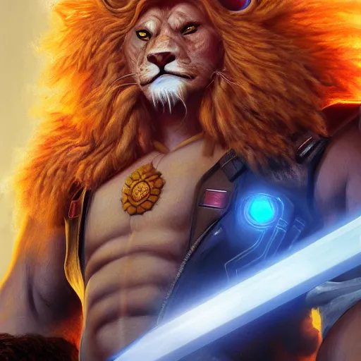 Prompt: highly detailed Liono from Thundercats, sword of omens, cyberpunk, concept art, character art, studio lightning, bright colors, intricate, masterpiece, photorealistic, hyperrealistic, sharp focus, high contrast, Artstation HQ, DeviantArt trending, 8k UHD, Unreal Engine 5