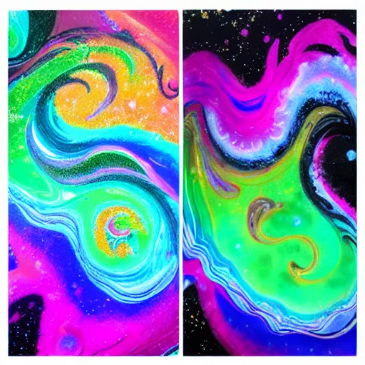 Image similar to paint pour, marbling, very detailed, 8k 4k, cosmic nebula, alien worlds, sherbert sky, glowing rainbow neon ink, deep color hokusai wave in synthwave style