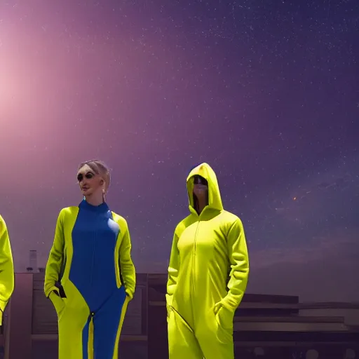 Image similar to futuristic world with people wearing yellow jump suits, 8 k resolution, cinematic lighting, anatomically correct