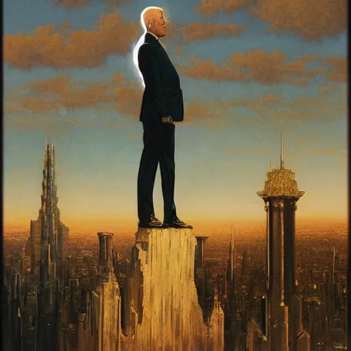 Image similar to immense, majestic, surreal, terrifying joe biden standing triumphant over the city, perfectly clear face, by j. c. leyendecker, bosch, and beksinski