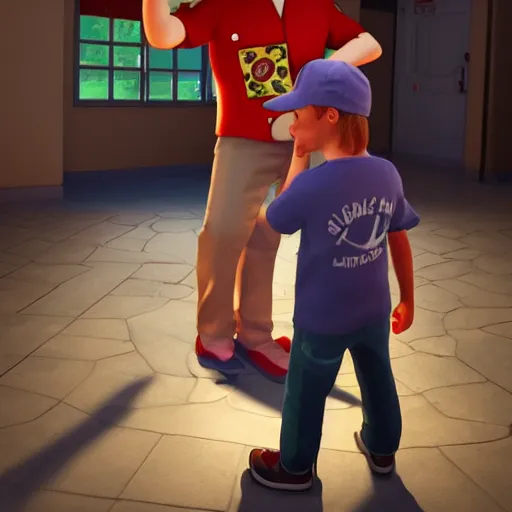 Prompt: a pizza delivery guy receiving a hug from a little boy, realistic lighting and shadows, real - time dynamic rendering with unreal engine 4, high resolution, hd, hdri, low poly, vray, photorealistic 8 k, low poly modeling, matte painting, atmospheric post process, lighting,