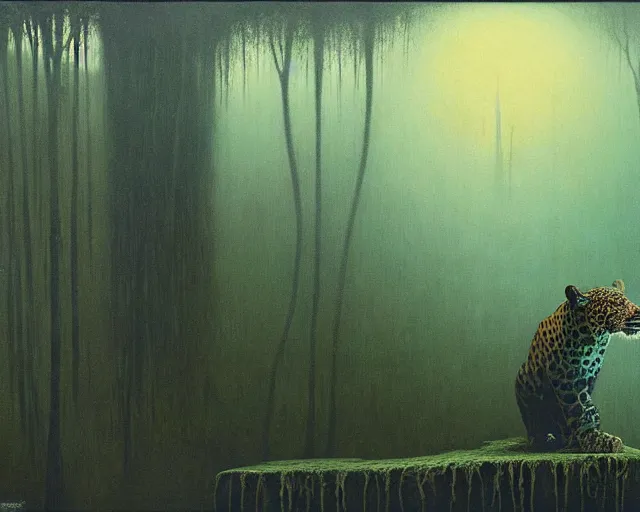 Prompt: Beksinski painting. Jaguar in a dark misty jungle, painted by Beksinski
