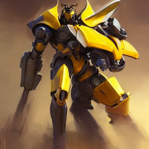 Image similar to greg manchess portrait painting of bumblebee the transformer as overwatch character, medium shot, asymmetrical, profile picture, organic painting, sunny day, matte painting, bold shapes, hard edges, street art, trending on artstation, by huang guangjian, gil elvgren, ruan jia, greg rutkowski, gaston bussiere