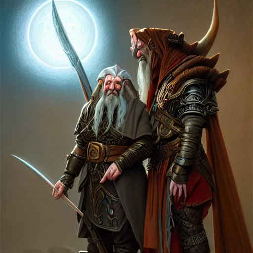 Prompt: a portrait of an elven wizard and a dwarf paladin, grimdark extremely detailed fantasy art by Gerald Brom, octane render