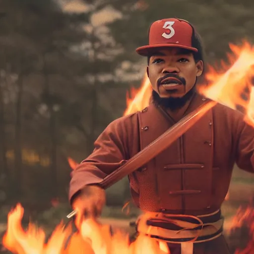 Image similar to cinematic film still of Chance The Rapper starring as a Samurai holding fire, Japanese CGI, VFX, 2022, 40mm lens, shallow depth of field, film photography