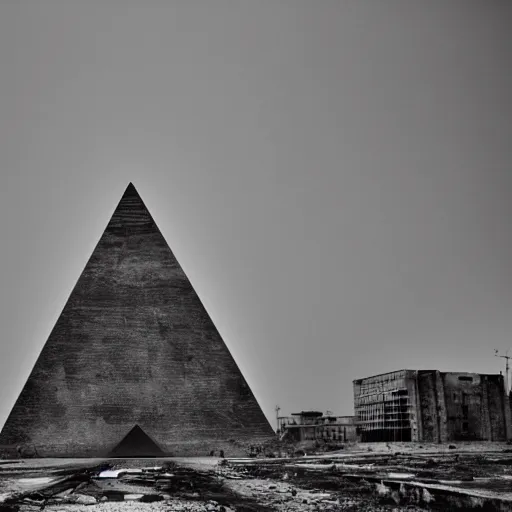 Prompt: gigantic concrete pyramid in the background, all seeing eye, haunting desolation, post apocalyptic, abandoned city