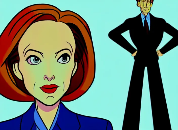 Prompt: dana scully on the x - files : the animated series, shaded animation still, animation model, sharp detail, animation cel, thin linework, in the style of don bluth, bruce timm, alex toth, filmation, toei animation, studio trigger, 5 k, hd