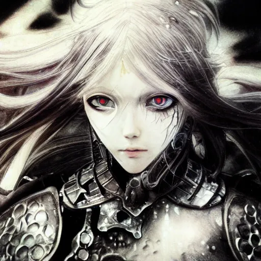 Prompt: Yoshitaka Amano realistic illustration of an anime girl with wavy white hair, black eyes and cracks on her face wearing Elden ring armour with the cape fluttering in the wind, abstract black and white patterns on the background, noisy film grain effect, highly detailed, Renaissance oil painting, weird portrait angle