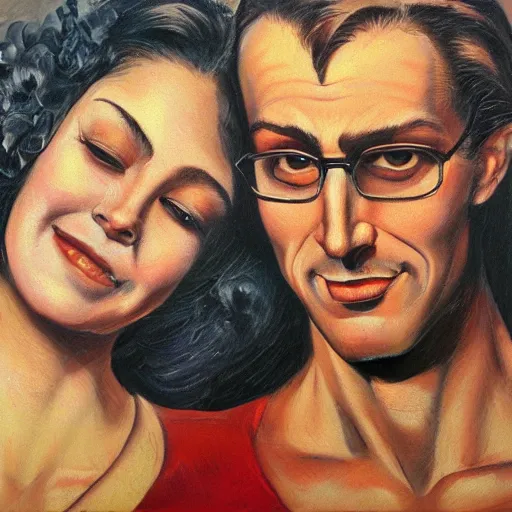 Prompt: perfectly centered symmetrical split male and female portrait of man and woman in love sharing one heart ; oil painting by will eisner, photorealistic, highly detailed