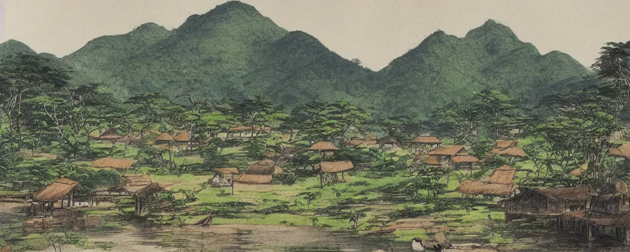 Prompt: a 2D drawing of a beautiful Philippine Rural Town landscape, majestic and exotic, by hiroshi yoshida