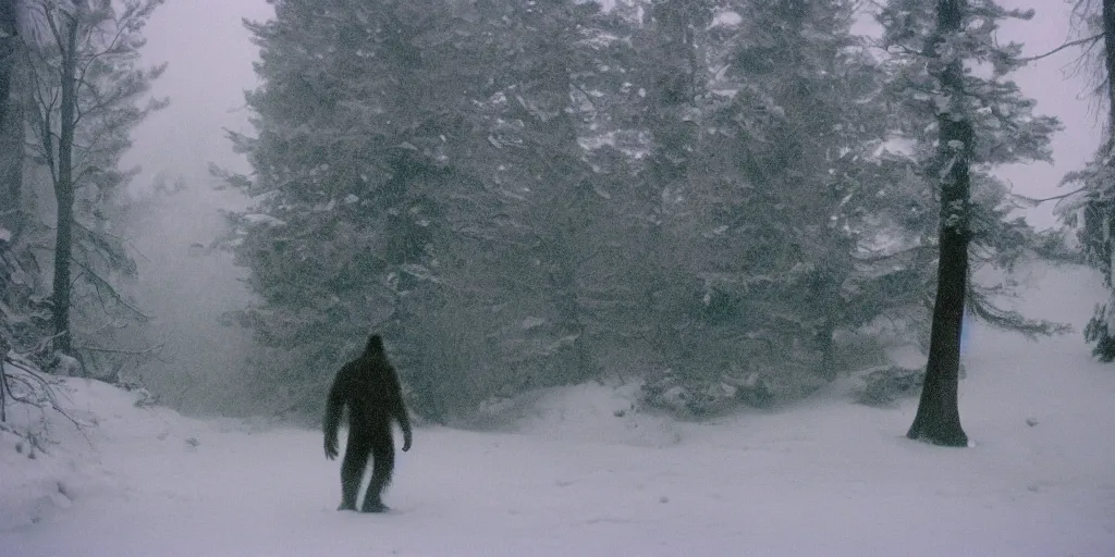 Image similar to photo, bigfoot is hiding in the background, barely able to be seen. cold color temperature, snow storm. hazy atmosphere. humidity haze. kodak ektachrome, greenish expired film, award winning, low contrast