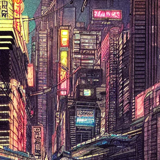 Prompt: blader runner city, weathered drawing, film grain, bright neon lighting, dark pastel colors, drawn by satoshi kon, katsuhiro otomo