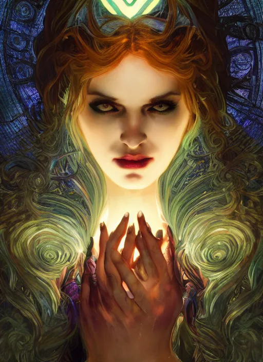 Image similar to book cover, front portrait, dark witch with black hood and evil eyes, realism, soft, smooth, luminescent, art nouveau tarot, backlit glow, colorful swirly ripples, gaudy colors, aesthetic octane render, unreal engine, 8 k, by artgerm, greg rutkowski, alphonse mucha