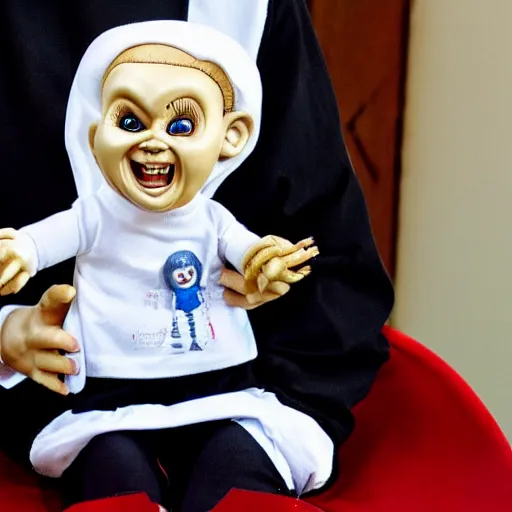 Image similar to a nun in church holding chucky the demonic evil killer doll on her lap