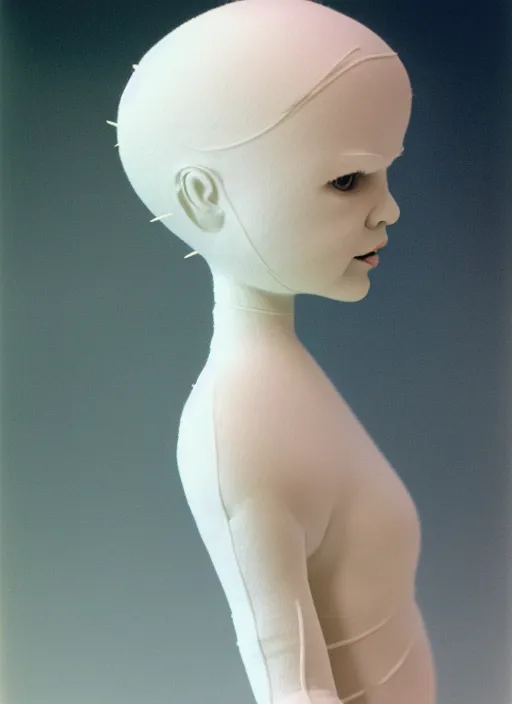 Prompt: realistic photo of a full - height head model made of white rubber clay realistic sculpture doll made of white clay, wearing white tights, covered in very very long brass spikes needles, center straight composition, 2 0 0 0, life magazine photo, museum archival photo