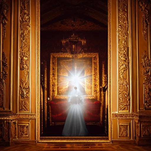 Image similar to single portrait of the queen in the main room of the castle, one point of light coming through the top. baroque style, lights refraction