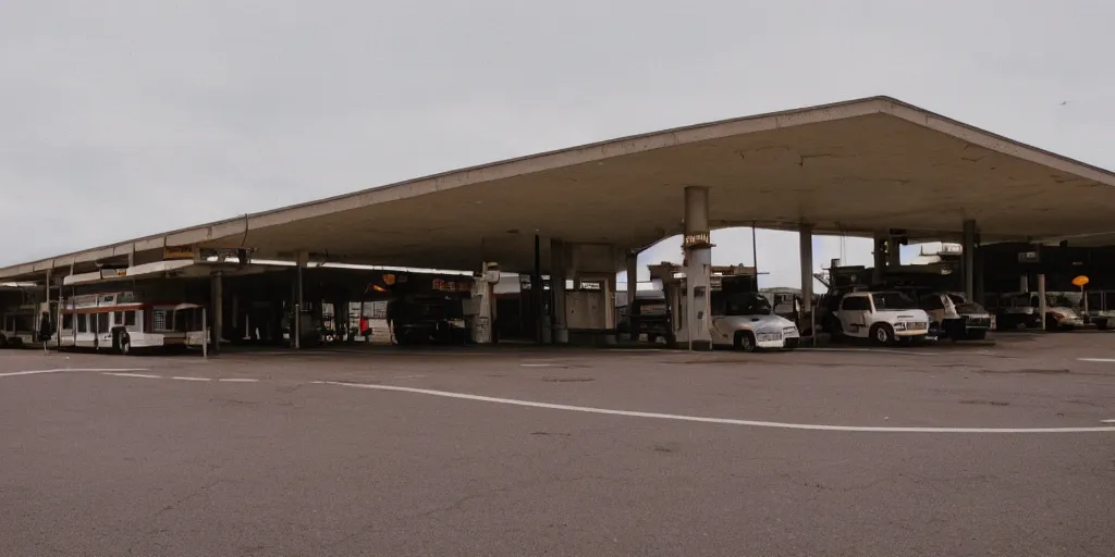 Image similar to port byron travel plaze bus station, leica, 2 4 mm lens, cinematic screenshot from the 2 0 0 1 surrealist film directed by charlie kaufman, kodak color film stock, f / 2 2, 2 4 mm wide angle anamorphic