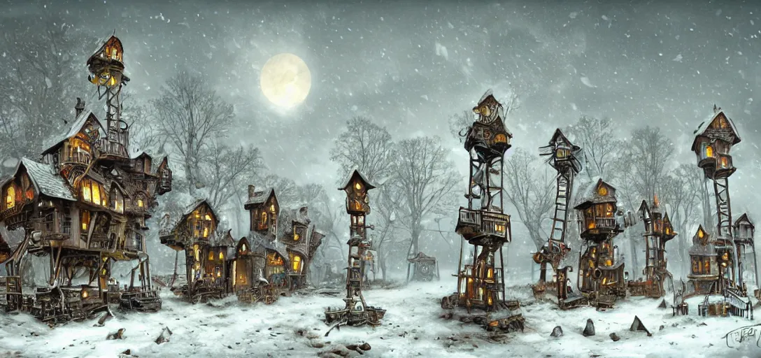 Image similar to a steampunk village on tall stilts in a snowy field, blizzard, by Naoto Hattori,