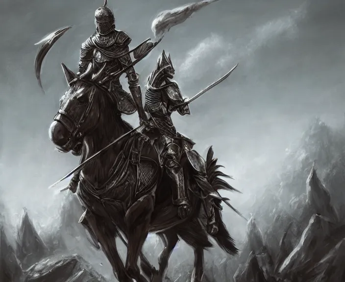 Image similar to knight on horseback, fantasy art, very detailed, beautiful, dark souls, lush landscape, trending on artstation, pixiv