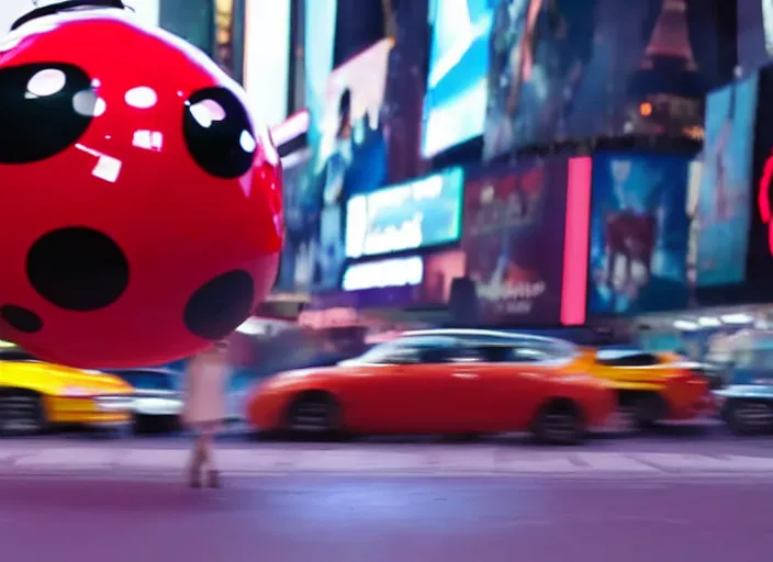 Image similar to film still of a giant ladybug driving a car through time square in a sci - fi movie, 8 k