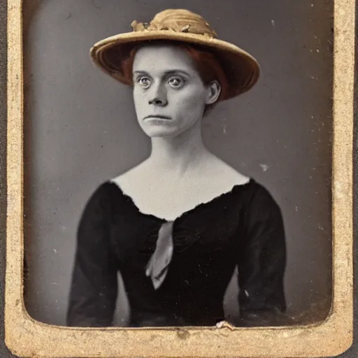 Image similar to a late 1 9 th century, 3 0 years old, austro - hungarian, sullen old maid ( redhead, tight bun, tight bun, straw hat decorated with too big flowers, looks a like amy adams mixed with anne - marie duff, but not pretty, as a strict school teacher ), daguerreotype by emil rabending and robert cornelius