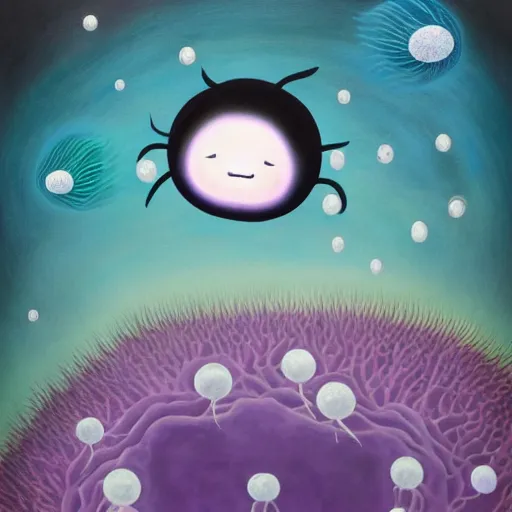 Prompt: The Omnious Black Jellyfish, painting by Chiho Aoshima, Yoshitomo Nara, Huang Yuxing and Aya Takano , Superflat art movement, chibi, , very ethereal, , oil inks, very ethereal, silver light, nacre colors