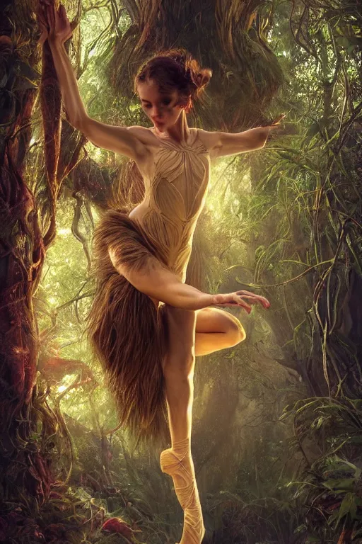 Image similar to stunningly beautiful, irish prima ballerina in jungle, symmetrical face, golden hour, smooth, focus, highly detailed, hyper realistic, dramatic lighting, elegant, intricate, concept art, art by wlop, mars ravelo, greg rutowski