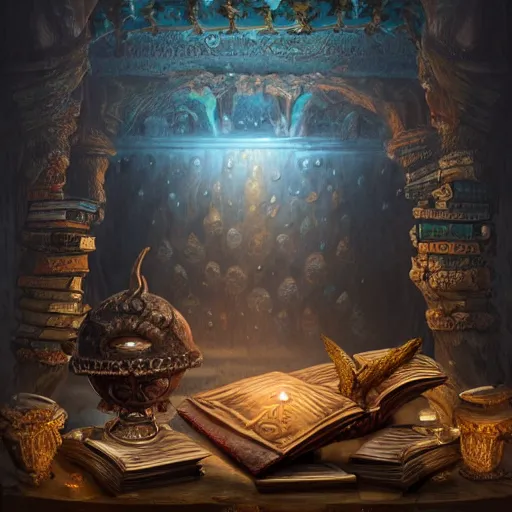 Prompt: epic view of an ancient dark byzantine cave interior, ornate oil lamp on a pile of crystals, books covered in jewels, ornate, surrounded by strange statues and treasure, full of sand and glitter, hyper real, Indiana Jones, Tomb Raider, trending on artstation, concept art, cinematic, jewels, hyperrealistic