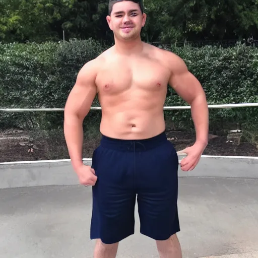 Image similar to full body photograph of 2 4 year old male, strong athletic build, 5 inch inseam shorts