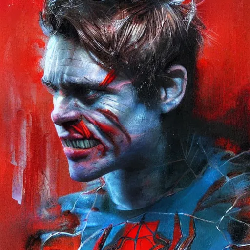 Prompt: young jim carrey as spiderman, realistic, ultrahd, jeremy mann painting