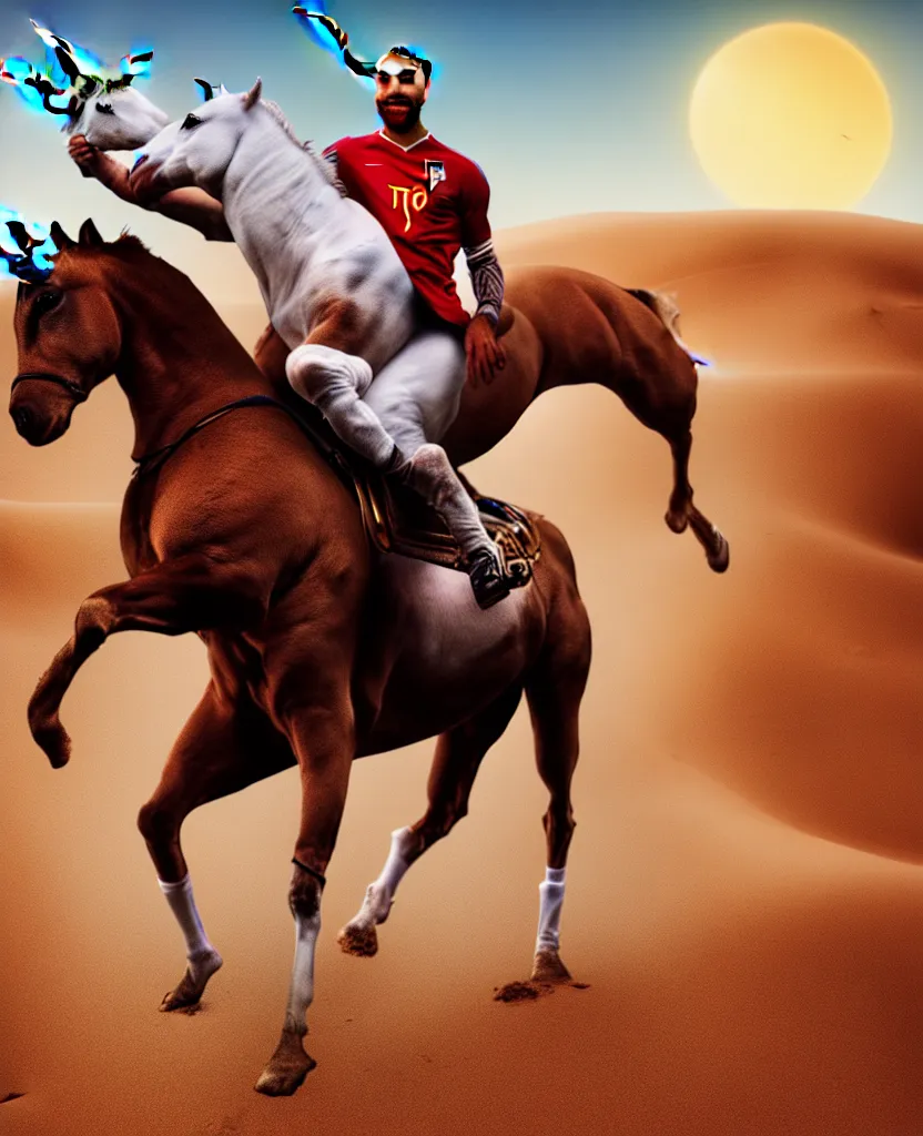 Image similar to thierry henry riding a unicorn in the desert, sharp, details, hyper - detailed, hd, 4 k, 8 k