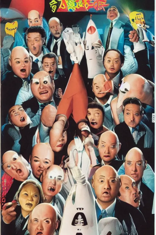 Image similar to coneheads, japanese vhs cover art, detailed facial expressions