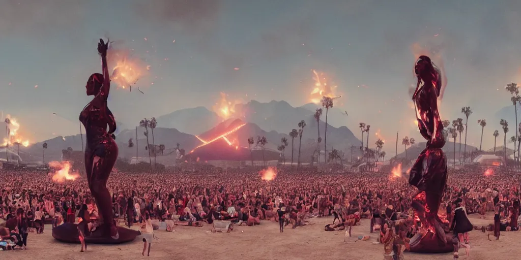 Prompt: realistic cinematic views of a Orwellian Coachella with fires in the background and dead seagulls falling from the sky in front of the main stage worshipping a large statue of kim kardashian, hyper detailed, terror glows, hyper realistic, digital painting, 8k, 35mm film grain, octane render