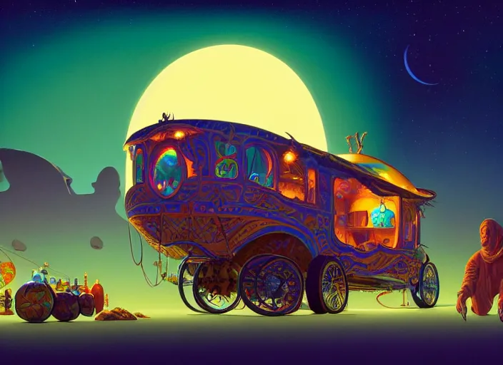 Image similar to a luminescent gypsy caravan by paolo eleuteri serpieri and tomer hanuka and chesley bonestell and daniel merriam and tomokazu matsuyama, unreal engine, high resolution render, featured on artstation, octane, 8 k, highly intricate details, vivid colors, vector illustration