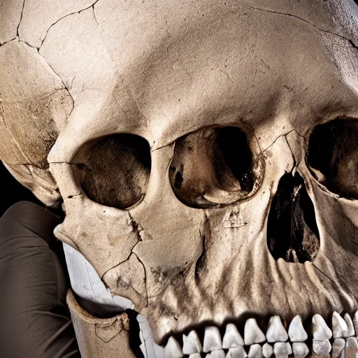 Image similar to a team of archeologists uncovering the skull of a giant. Award winning photography. 15mm lens