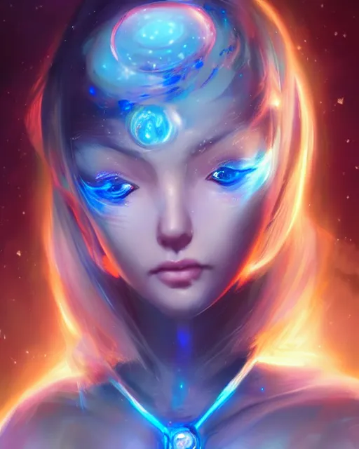 Image similar to A realistic anime portrait of a beautiful cosmic woman with glowing blue eyes and cosmic skin wearing clothes made of universes, digital painting, by Stanley Artgerm Lau, Sakimichan, WLOP and Rossdraws, digtial painting, trending on ArtStation, SFW version