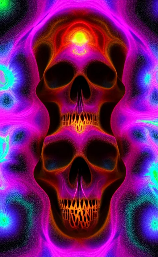 Prompt: skull made of Fractal flame, psychedelic