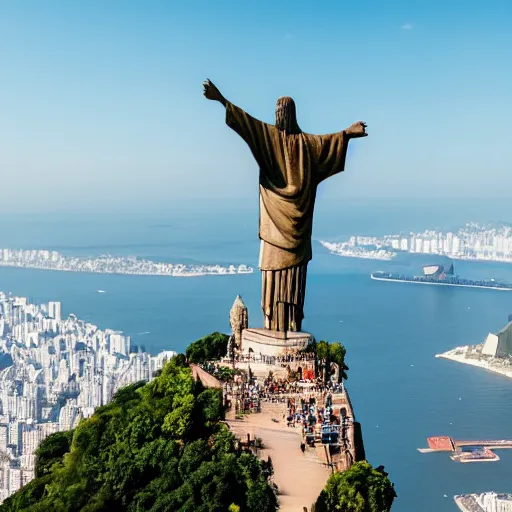 Image similar to high quality portrait of a monkey in front of Christ The Redeemer, studio photograph, photograph, realistic photo, 8k photo, 4k photo, stock photo, high resolution, cinematic shot, high detail