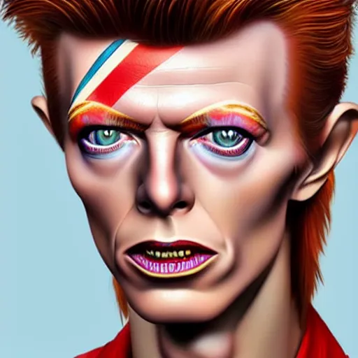 Prompt: Caricature portraits done of a young David Bowie, realistic, hyperrealistic, very realistic, highly detailed, very detailed, extremely detailed, detailed, oil painting, digital art, trending on artstation